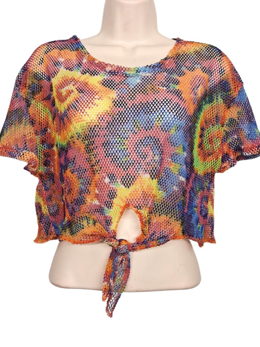 LOVE Tie Dye Crop Top Rainbow Colorful Mesh Net Tie Front Short Sleeve XLarge